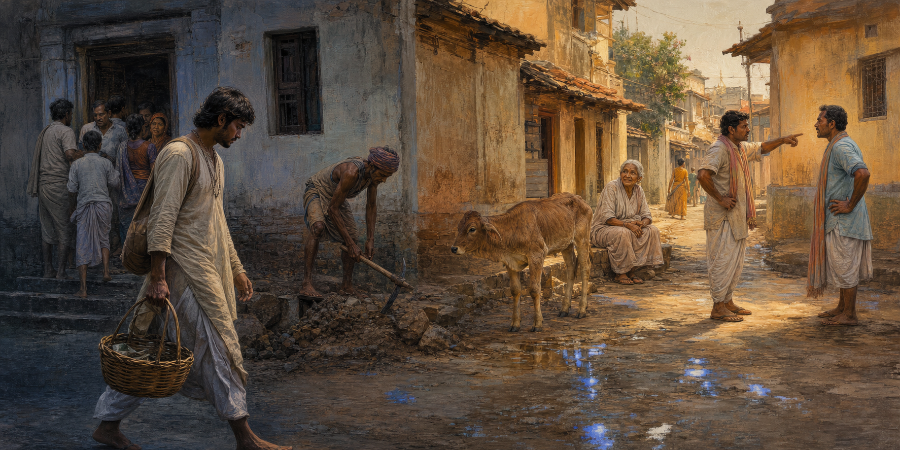 A devotee walks along one continuous village street as the light and the devotee's expression shift from anxious to compassionate while the surroundings remain unchanged.