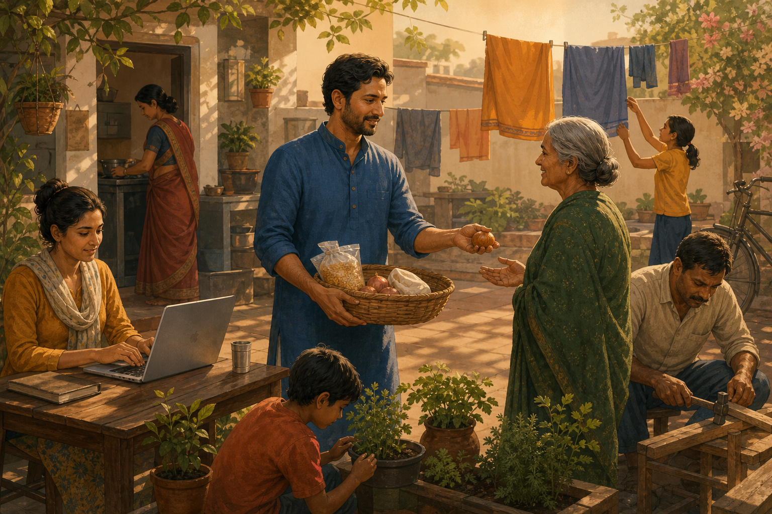 A householder in a sunlit courtyard shares goods with an elderly neighbor while family members work nearby.