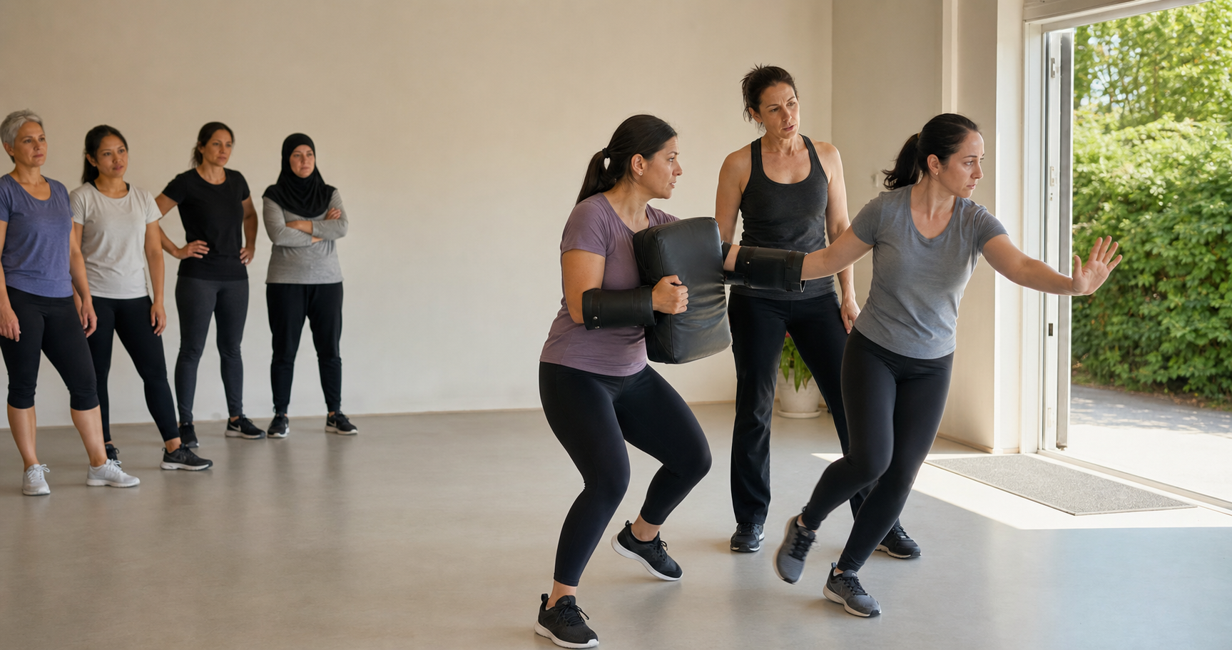 Women practise creating distance and moving toward an exit during a supervised self-defence class.