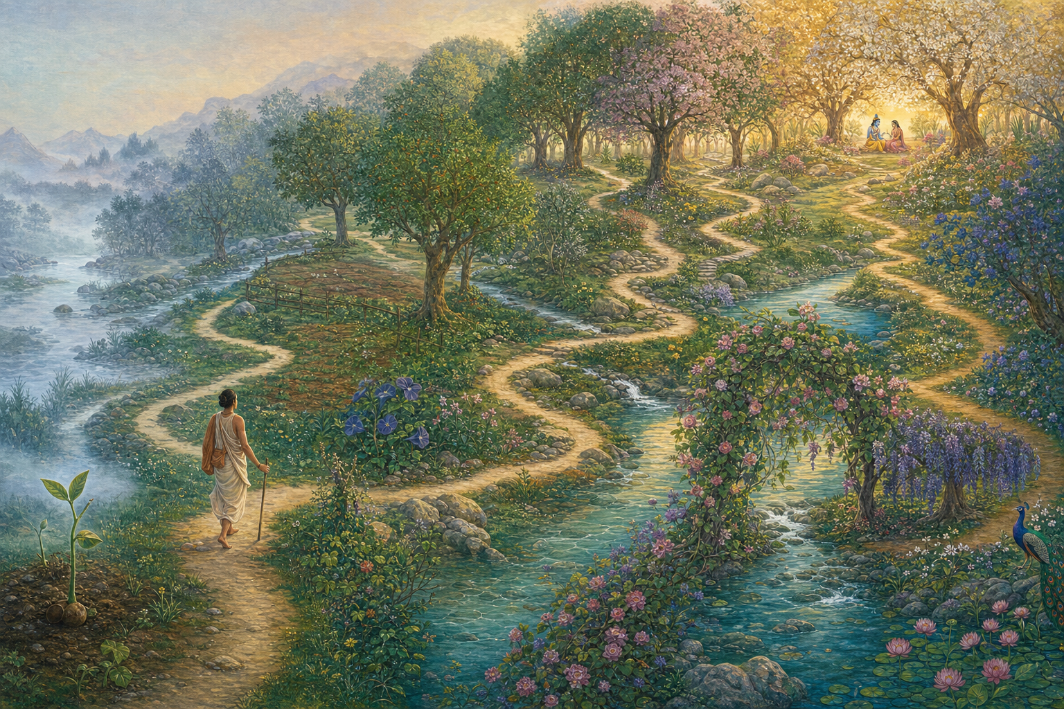 A pilgrim follows a winding riverside path from a new sprout through increasingly abundant gardens toward a distant radiant grove with Radha and Krishna.