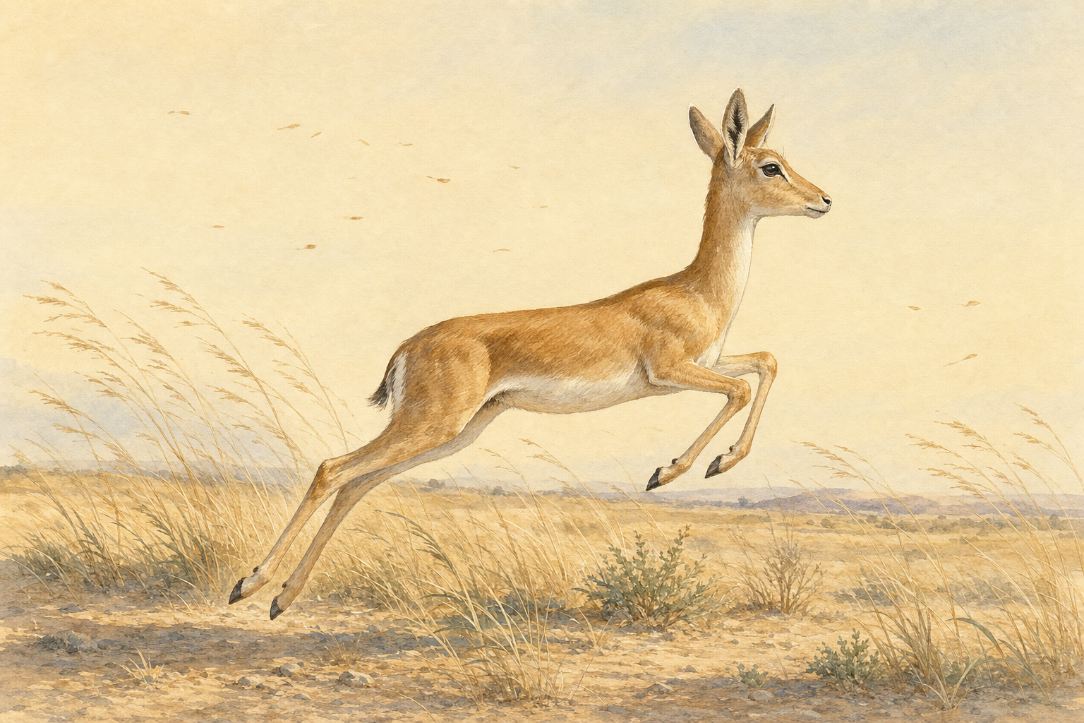A slender deerlike antelope makes a controlled bound through wind-bent grass with its ears raised and eyes alert.
