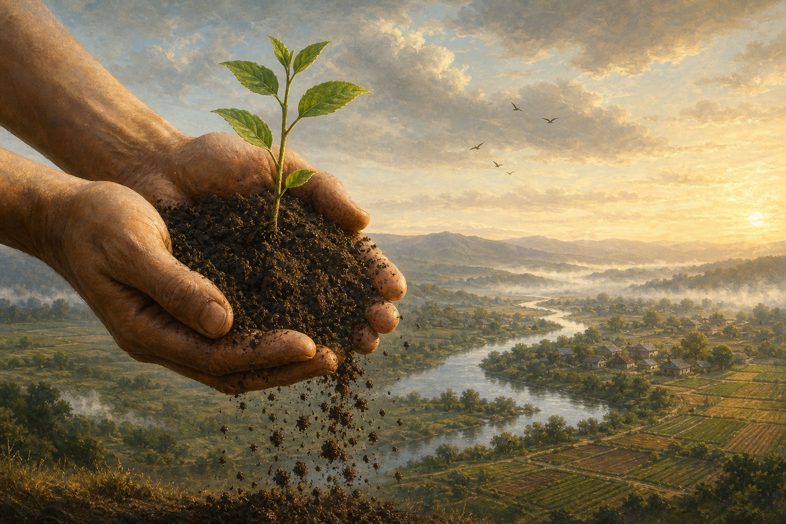 Hands hold soil and a young sapling as loose earth falls back toward fields and a river.