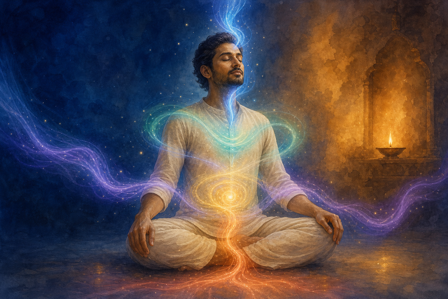 A seated practitioner is surrounded by five translucent currents concentrated at the chest, pelvis, abdomen, head, and limbs.