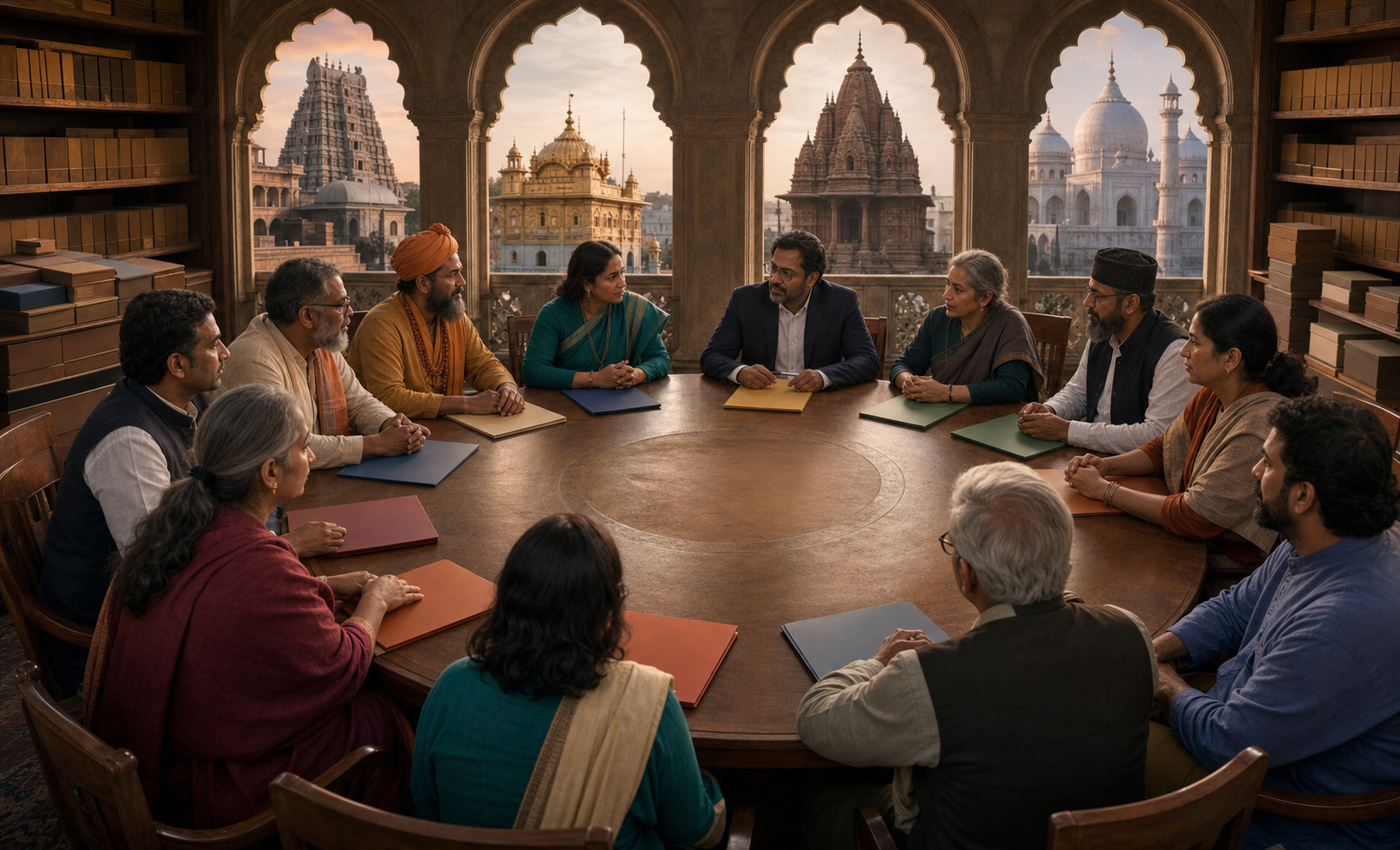 Temple custodians, legal advocates, mediators, archivists, and community representatives meet around a circular table in a heritage library.