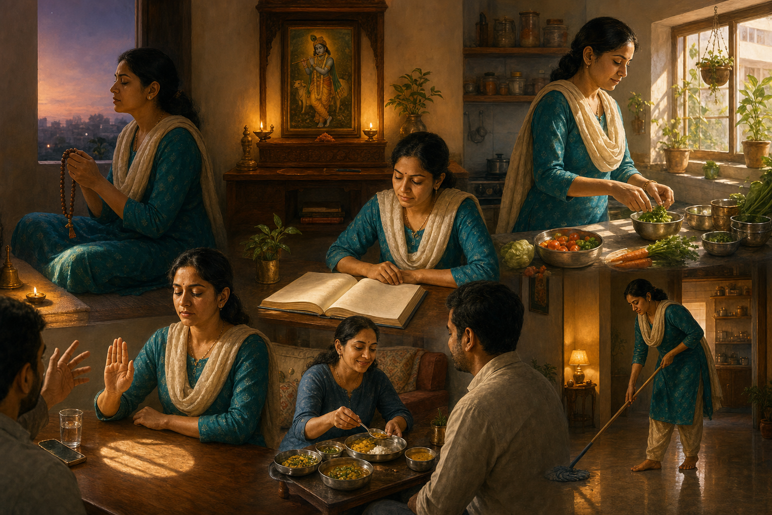 A devotee chants, studies, prepares food, practices restraint, serves a visitor, and cleans a modest home centered on a small Krishna altar.