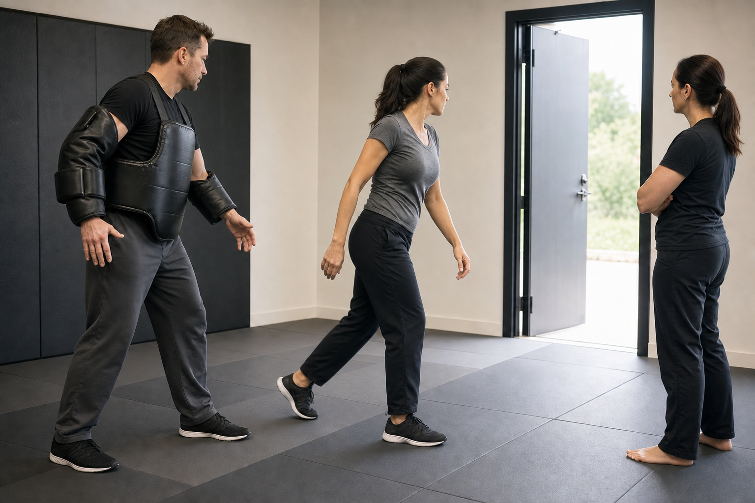 A woman breaks a controlled wrist hold and moves toward an open doorway while an instructor supervises.