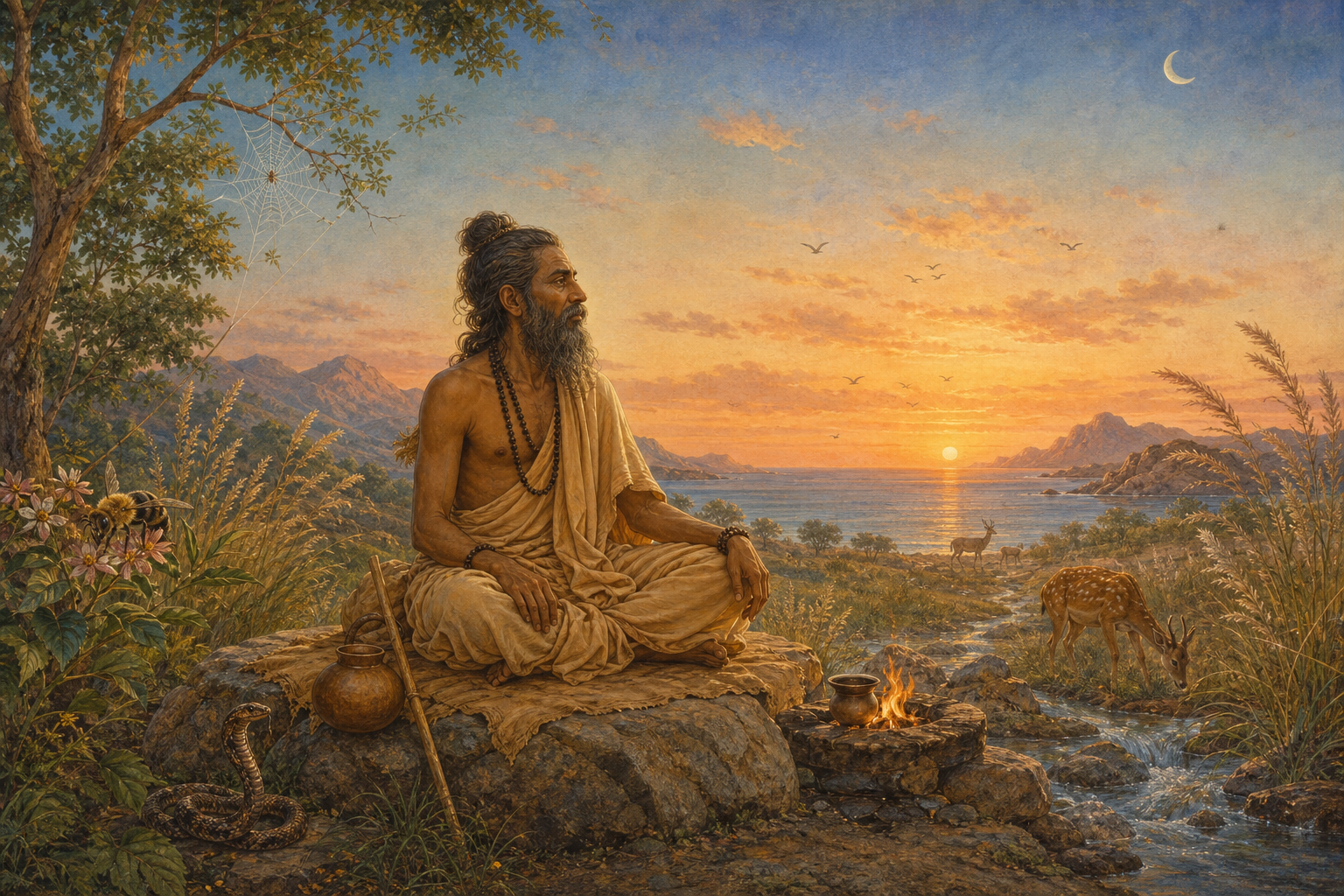 A wandering Indian sage meditates in a dawn landscape surrounded by earth, water, fire, open sky, animals, and other elements of nature.