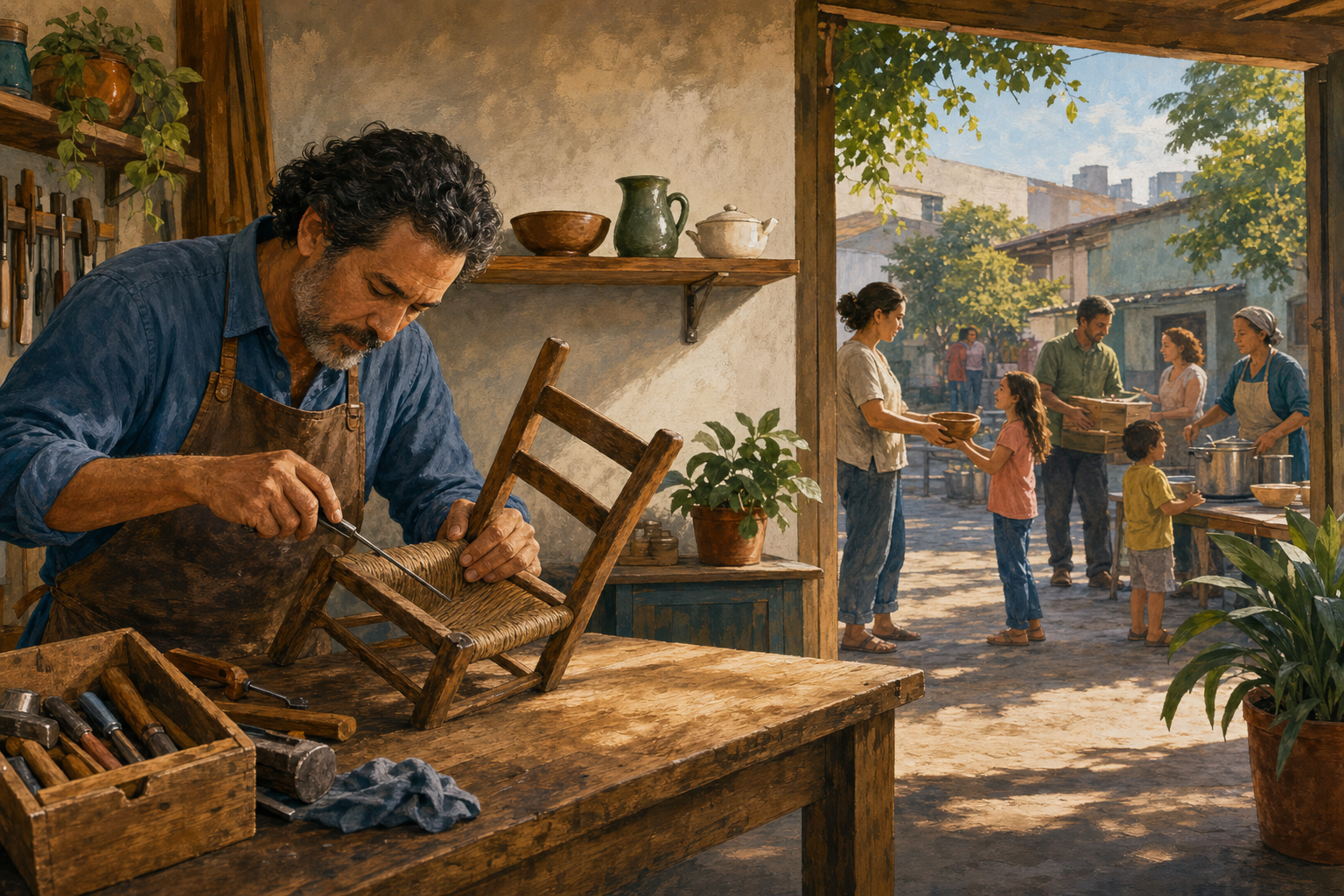 An artisan repairs a household object while finished items are shared with people outside the workshop.
