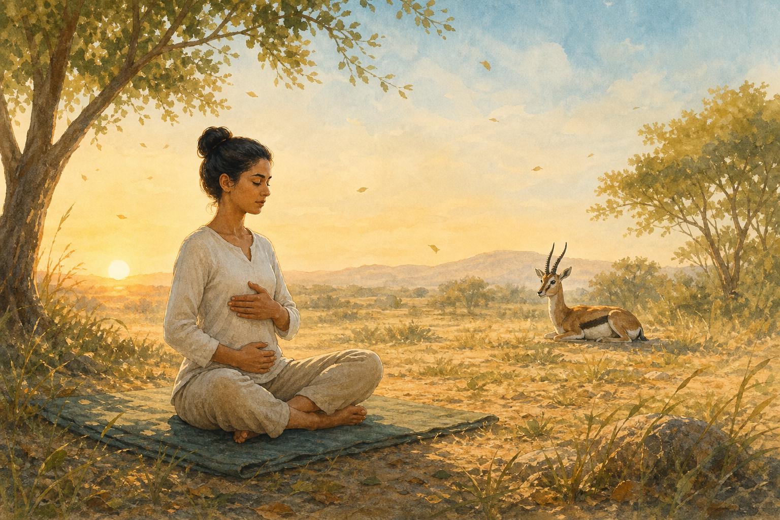 A relaxed practitioner observes natural breathing in a sunrise grove while an alert gazelle rests nearby in the light breeze.