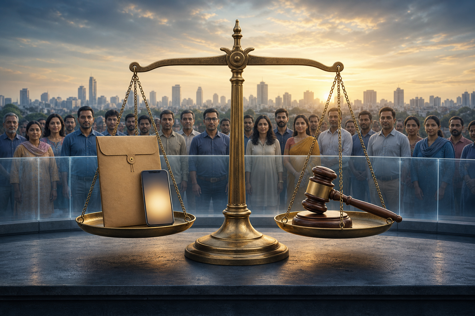 A balanced scale holds a sealed evidence folder and smartphone opposite a judge's gavel, with residents and a city skyline behind it.
