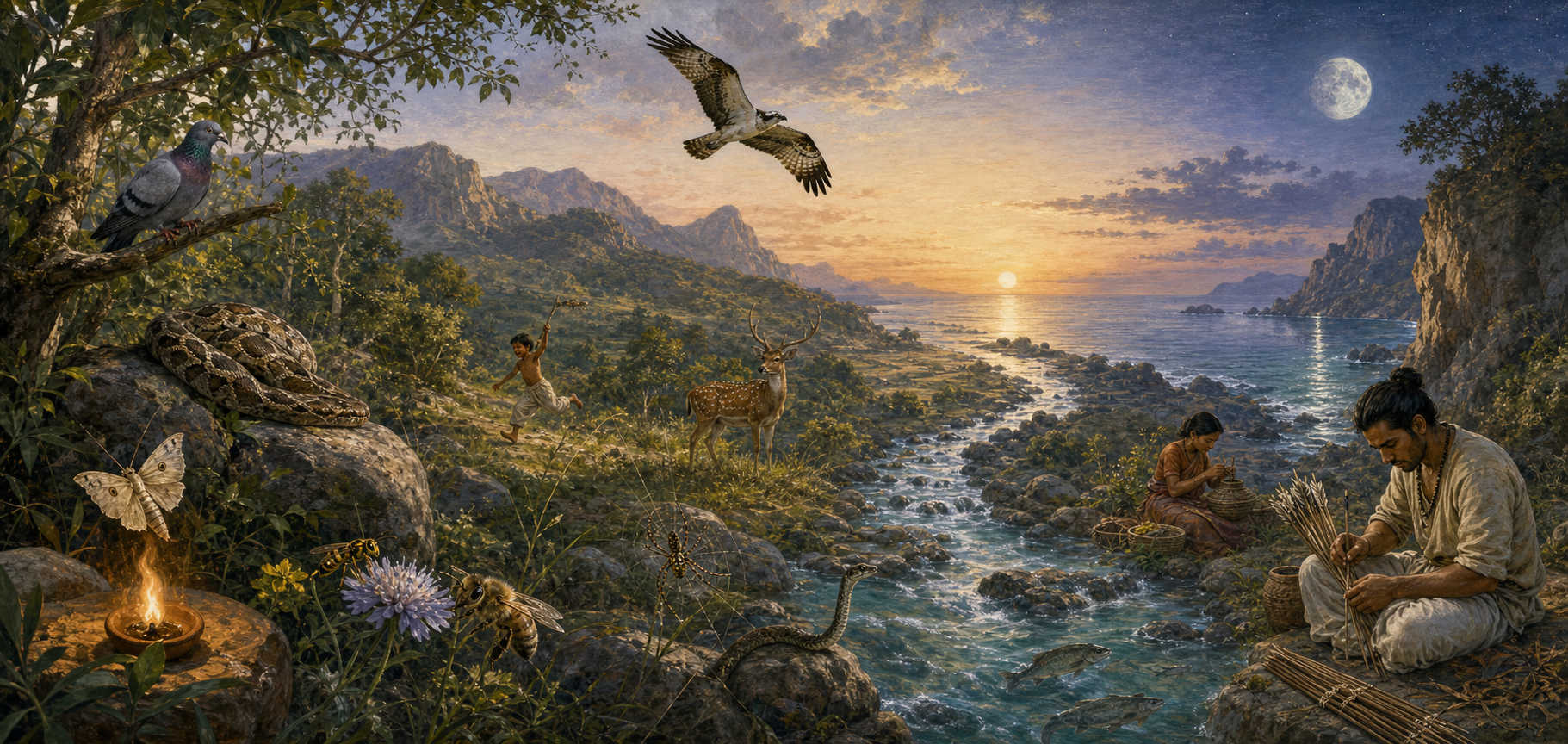 A continuous landscape contains elemental scenes, animals, craftspeople, and a child representing lessons observed in nature and daily life.