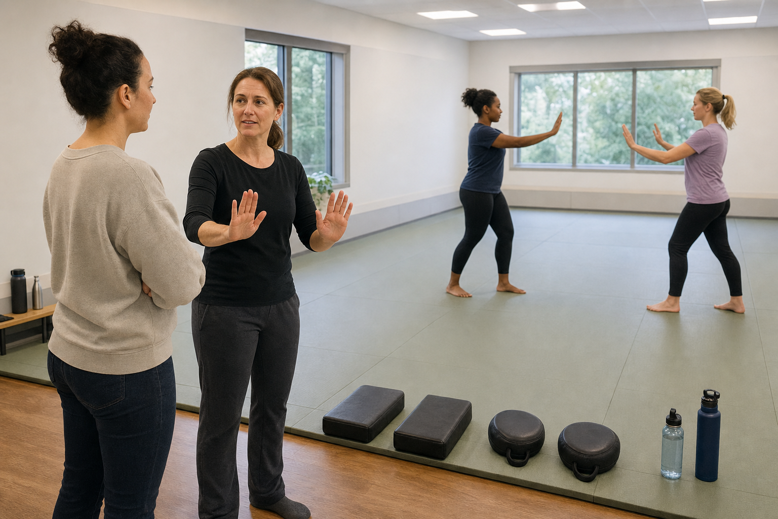 A prospective student observes a controlled self-defence drill in a clean studio while speaking with the instructor.