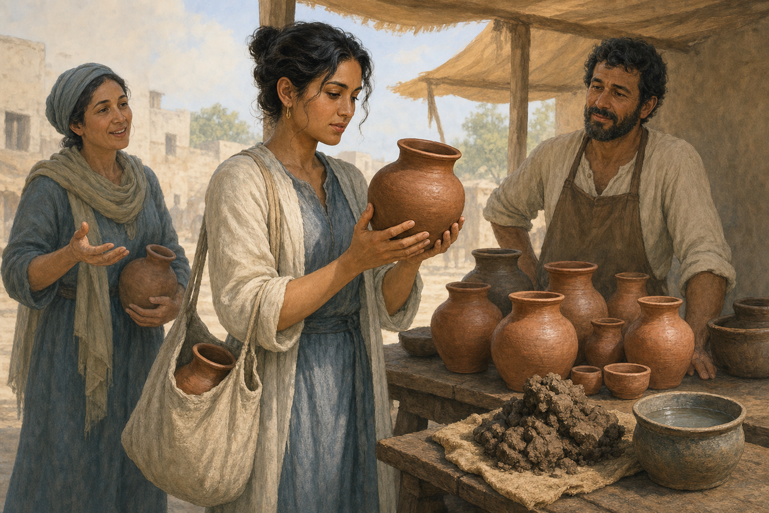 A shopper pauses over a clay vessel at a market, surrounded by a potter, raw materials, an existing vessel, and a nearby neighbor.