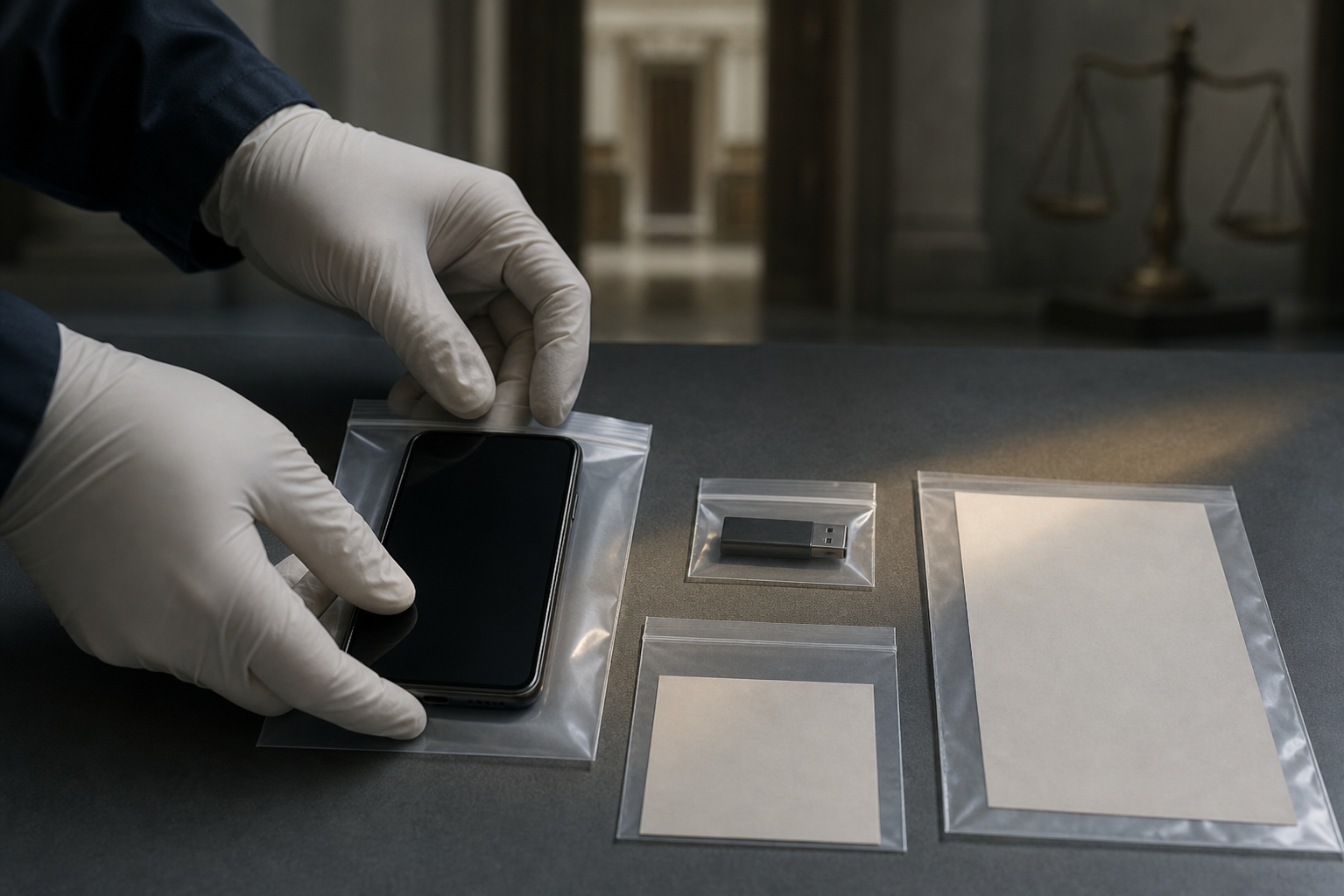 Gloved hands examine a smartphone and storage device in blank evidence sleeves on a forensic worktable, with a courthouse setting blurred behind.