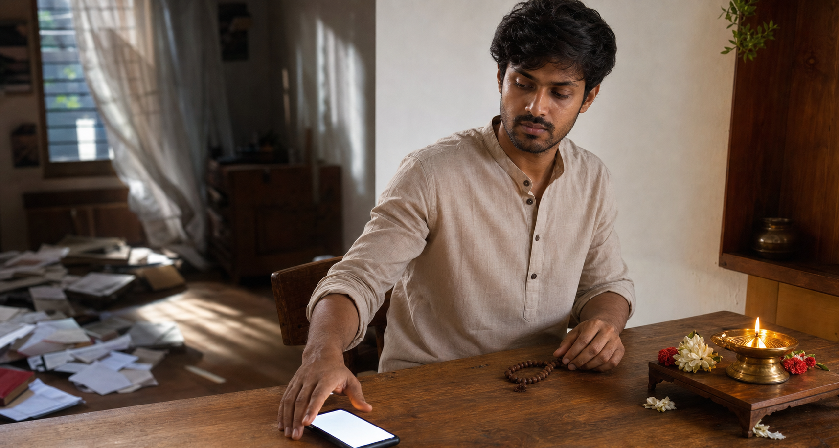 A person turns a phone face down and pauses beside prayer beads, flowers, and a lit brass lamp in a quiet room.
