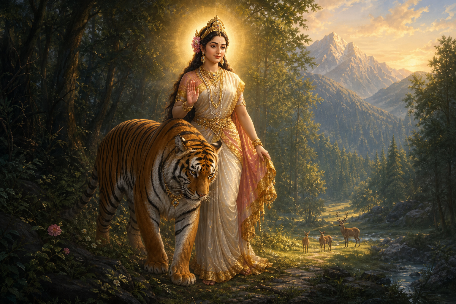 Parvati stands in a forest clearing beside a calm tiger that watches the surrounding wilderness like a guardian.