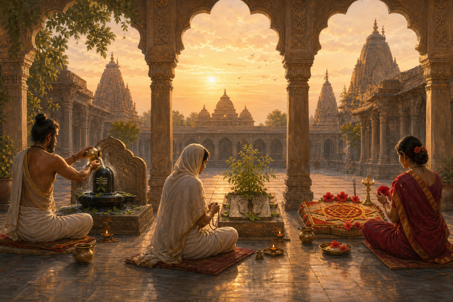 Three worshippers practice at separate temple shrines illuminated by the same dawn light, with lamps, flowers, water vessels, and prayer beads.