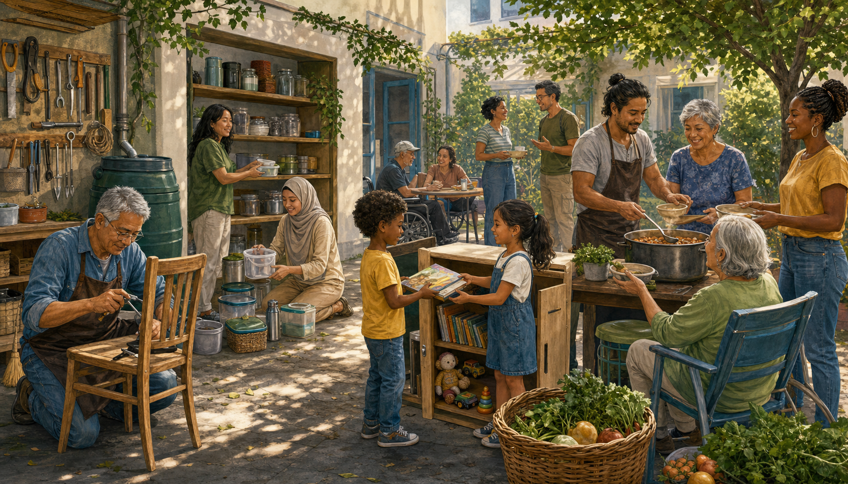Neighbors in a shared courtyard repair furniture, exchange books and toys, organize reusable containers, and serve food together.