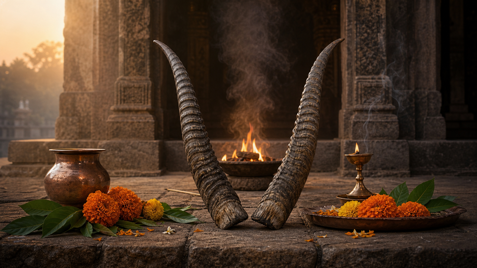 A pair of upward-curving goat horns arranged beside a small sacred fire, marigold flowers, leaves, and a copper vessel at a stone temple threshold.