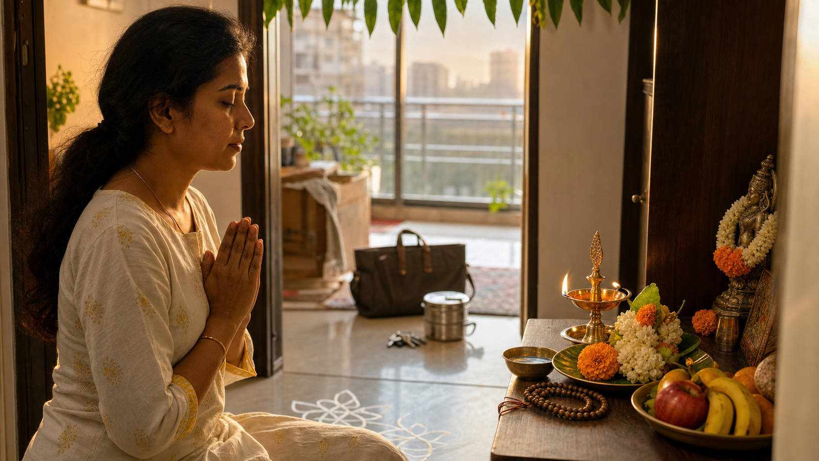 An adult offers namaskar beside a small home puja arrangement at dawn, with a diya, flowers, fruit, prayer beads, keys, a lunch container, and a work bag nearby.