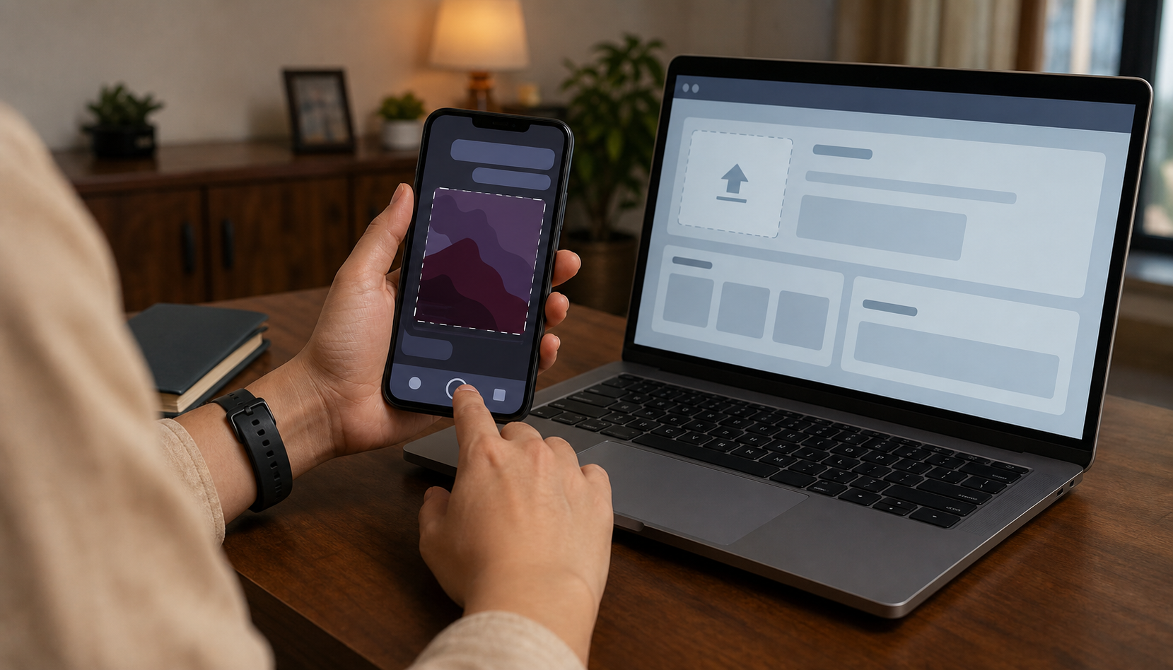 A person preserves an abstract suspicious message on a phone and prepares to report it through a laptop without forwarding it.
