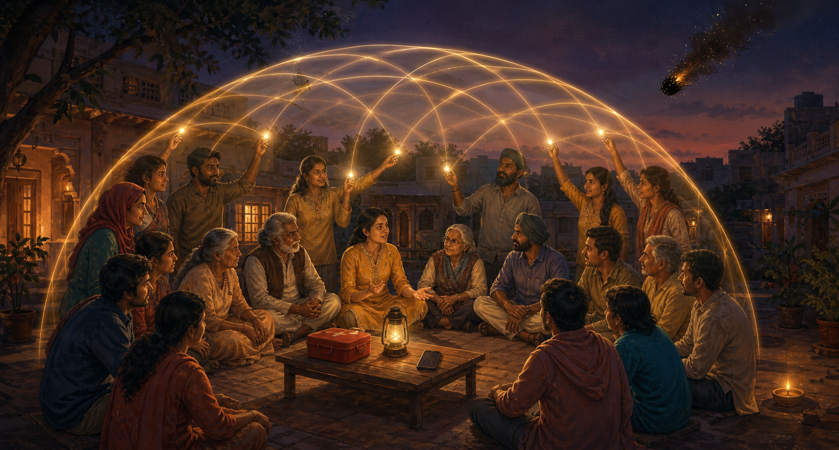 Diverse neighbors gather in a courtyard as overlapping circles of light form a protective canopy around the community.