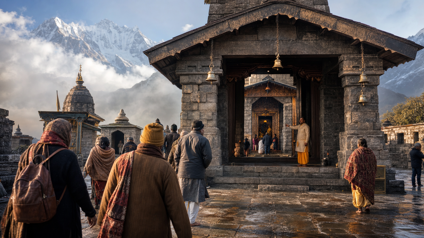 Pilgrims and visitors cross the courtyard of a stone Himalayan temple while an attendant indicates an inner doorway beyond the outer worship hall.