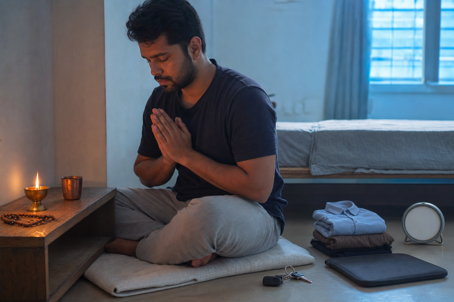 An adult sits on a folded mat beside a lit diya, copper water cup, and prayer beads, with work clothes, keys, and a laptop sleeve nearby.