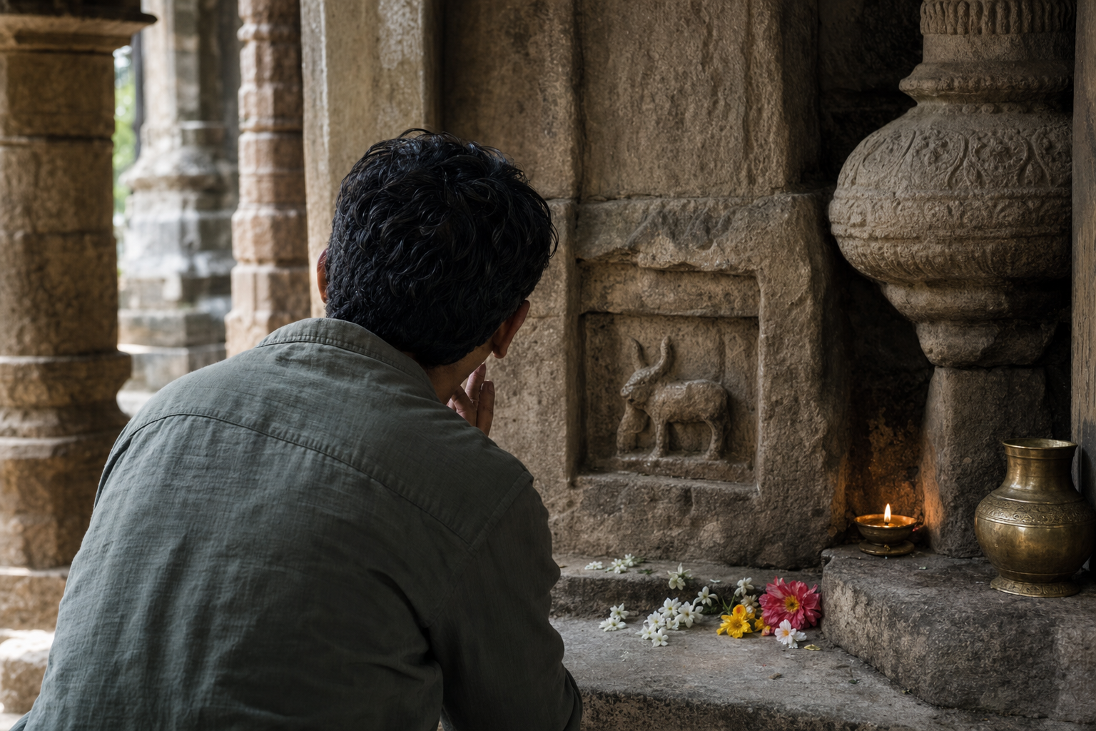 A heritage researcher examines a weathered horned-animal carving in a temple corridor near an oil lamp, flowers, and a brass vessel.