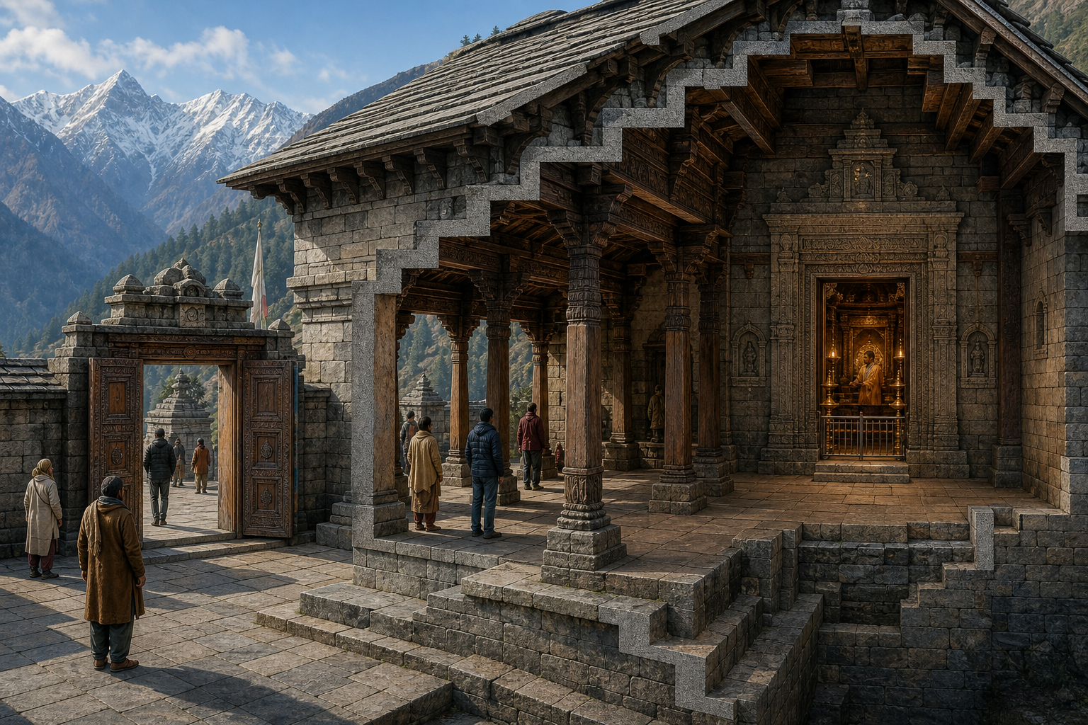 Cutaway view of a Himalayan temple with an open courtyard, a pillared outer hall, and a smaller inner sanctum separated by a final doorway.