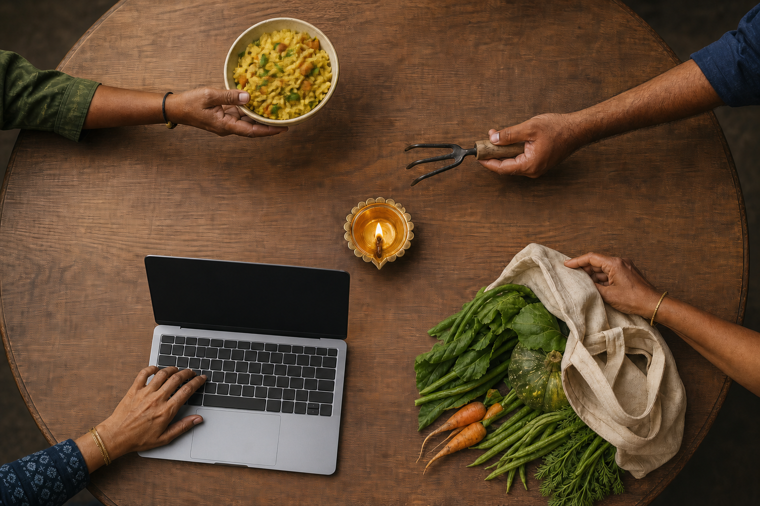 A brass diya glows at the centre of a round table while hands share food, return a tool, pause beside a laptop, and place vegetables near a cloth bag.