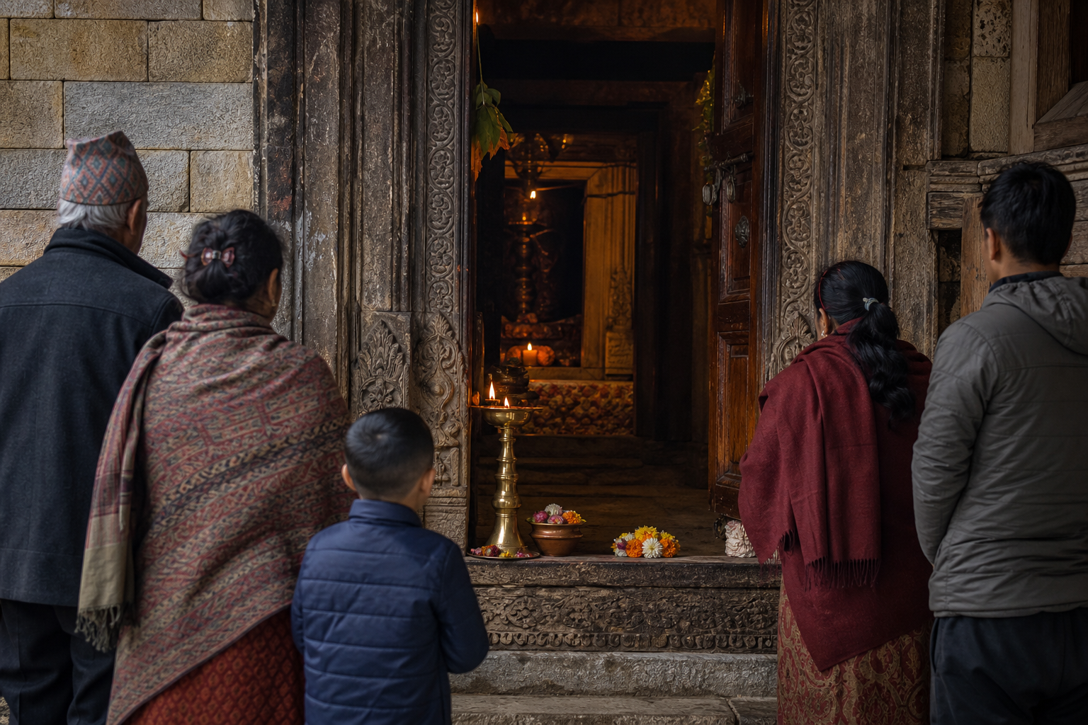 Visitors stand in a temple's outer hall facing a carved doorway and lamp-lit inner sanctum from a respectful distance.
