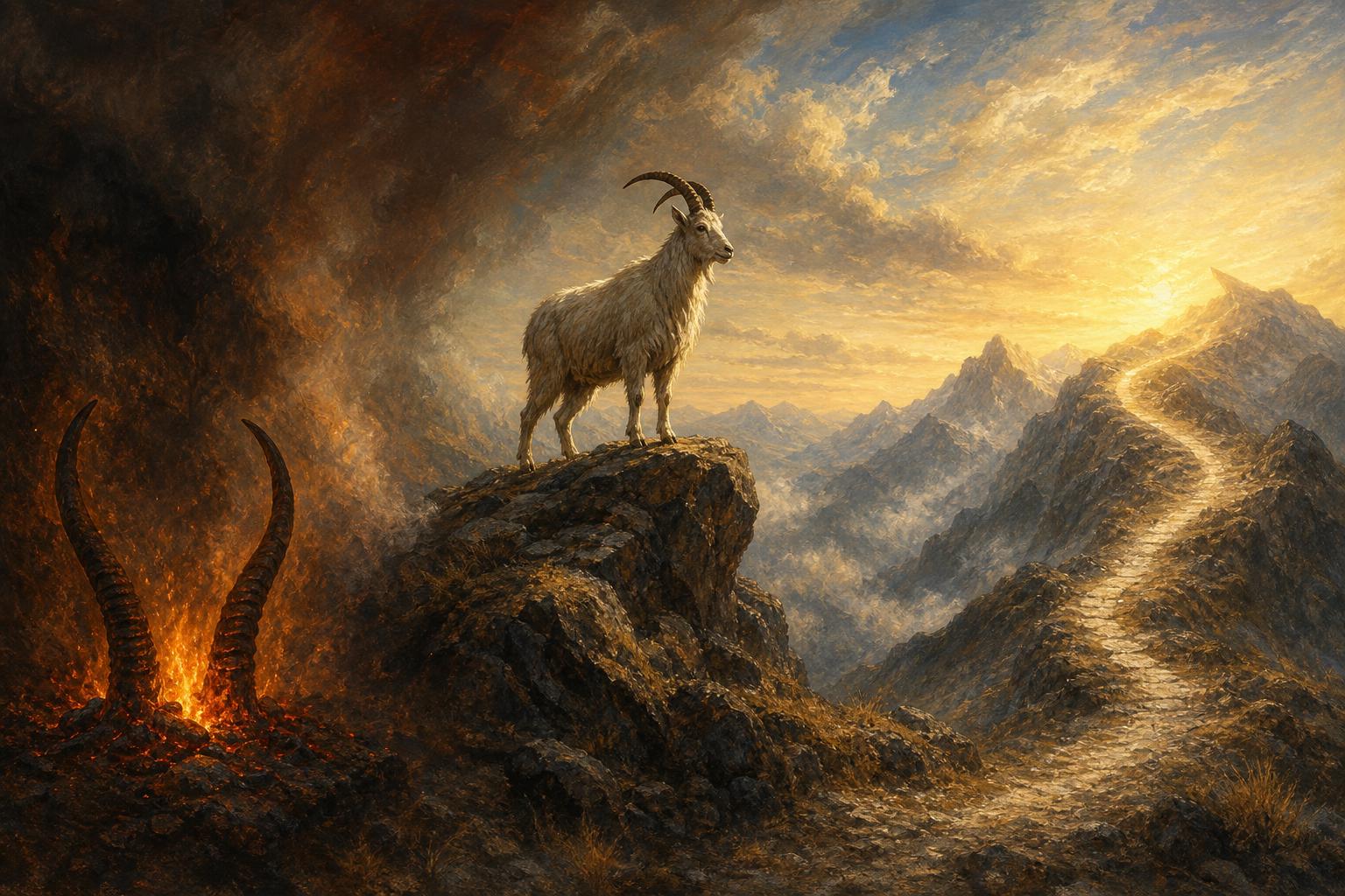 A continuous symbolic landscape links goat horns and flame, a mountain goat on a rocky ledge, and a rising path illuminated by dawn.
