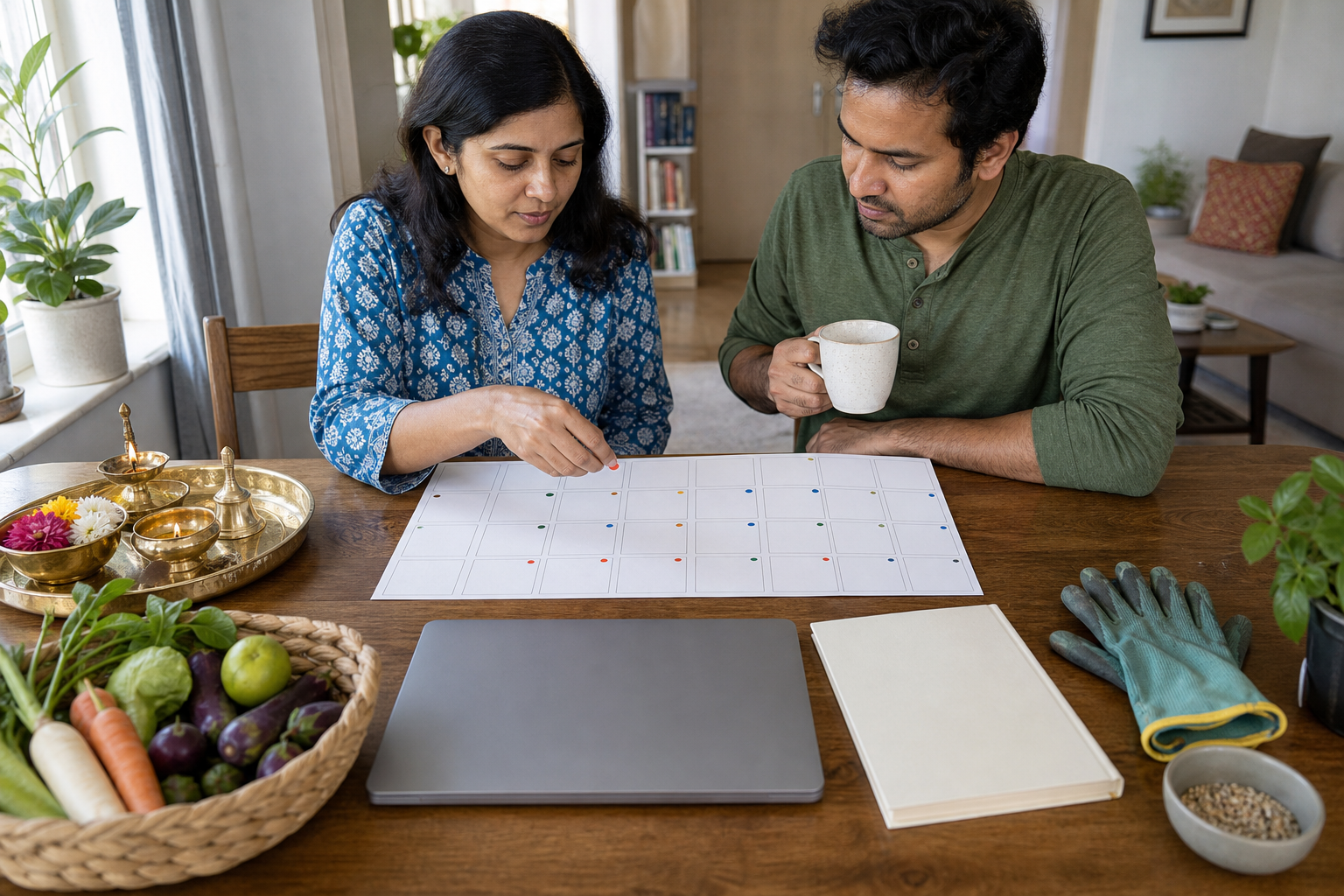 Two adults place coloured markers on a blank paper planner beside a puja tray, groceries, a laptop, gardening gloves, and seeds.