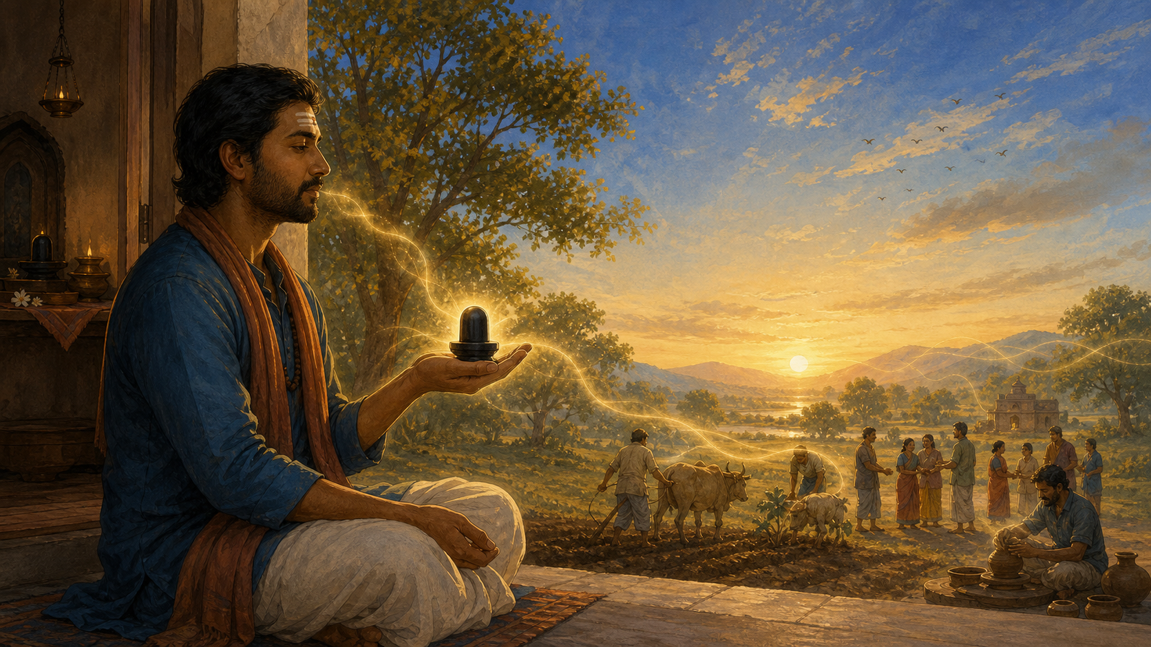 A seated devotee holds a small dark Ishta-linga on an open palm as warm light extends through a home, nearby people, trees, and the dawn sky.
