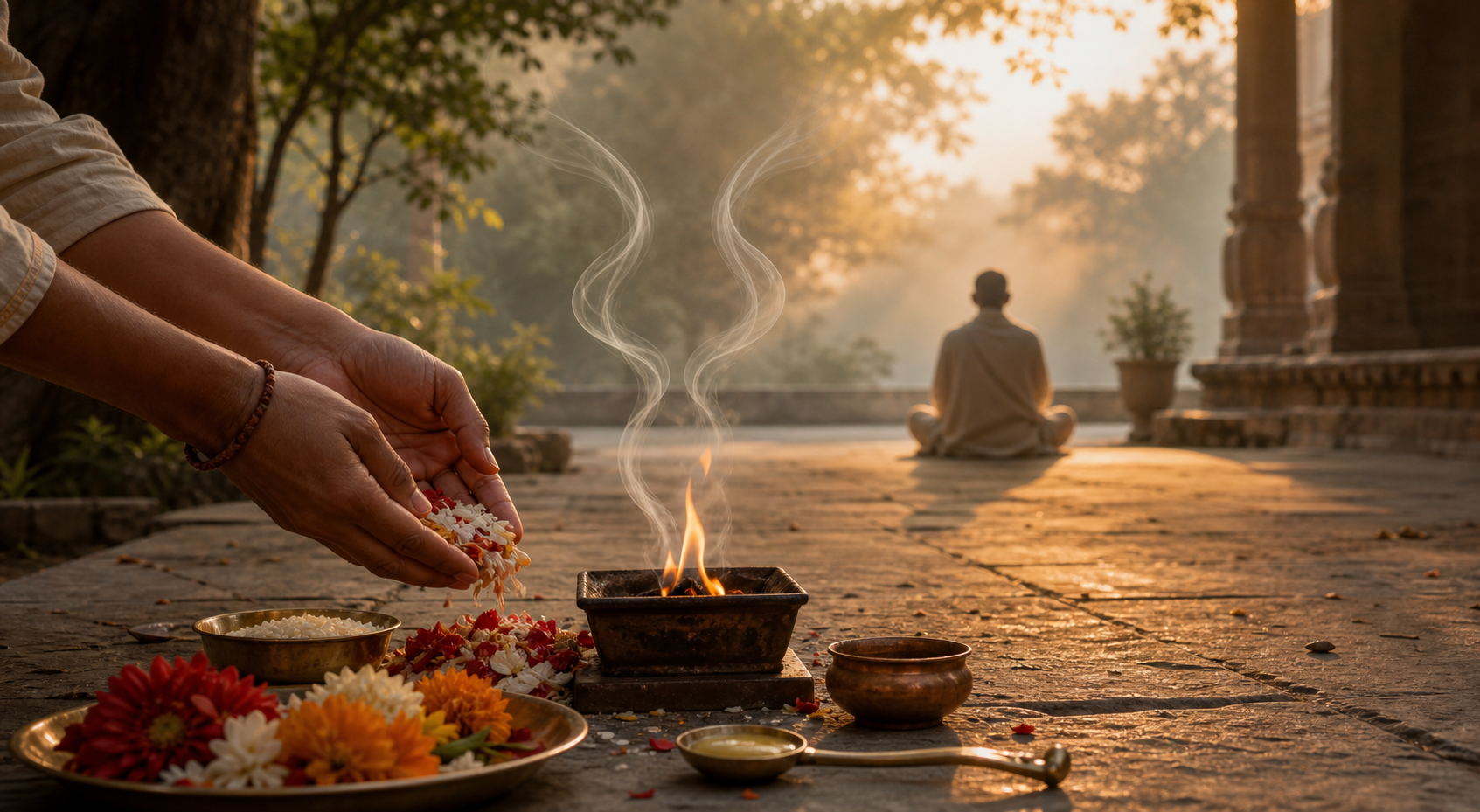 Hands place flowers and grain beside a small sacred fire while a practitioner meditates quietly in a stone courtyard beyond it.