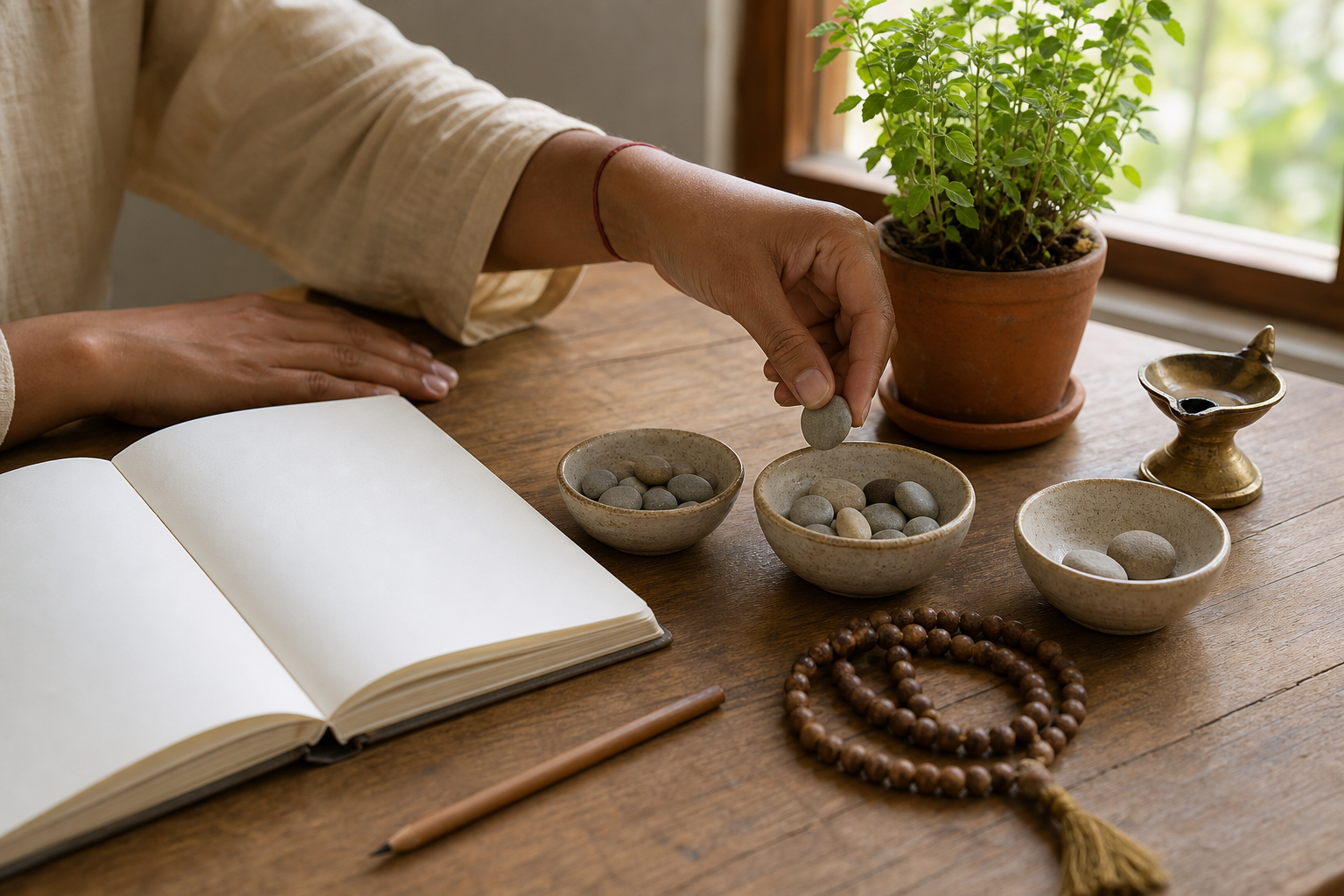 Hands review a blank journal beside prayer beads and three bowls of pebbles, with a tulsi plant and an extinguished brass diya nearby.