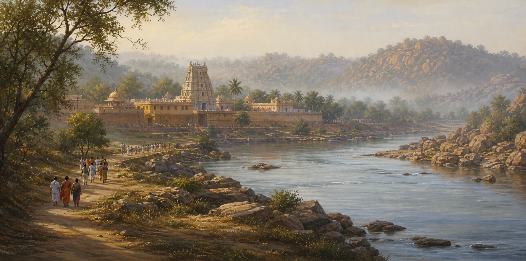 Overlapping moon and sun cycles appear above rivers that separate and rejoin around small temple islands.