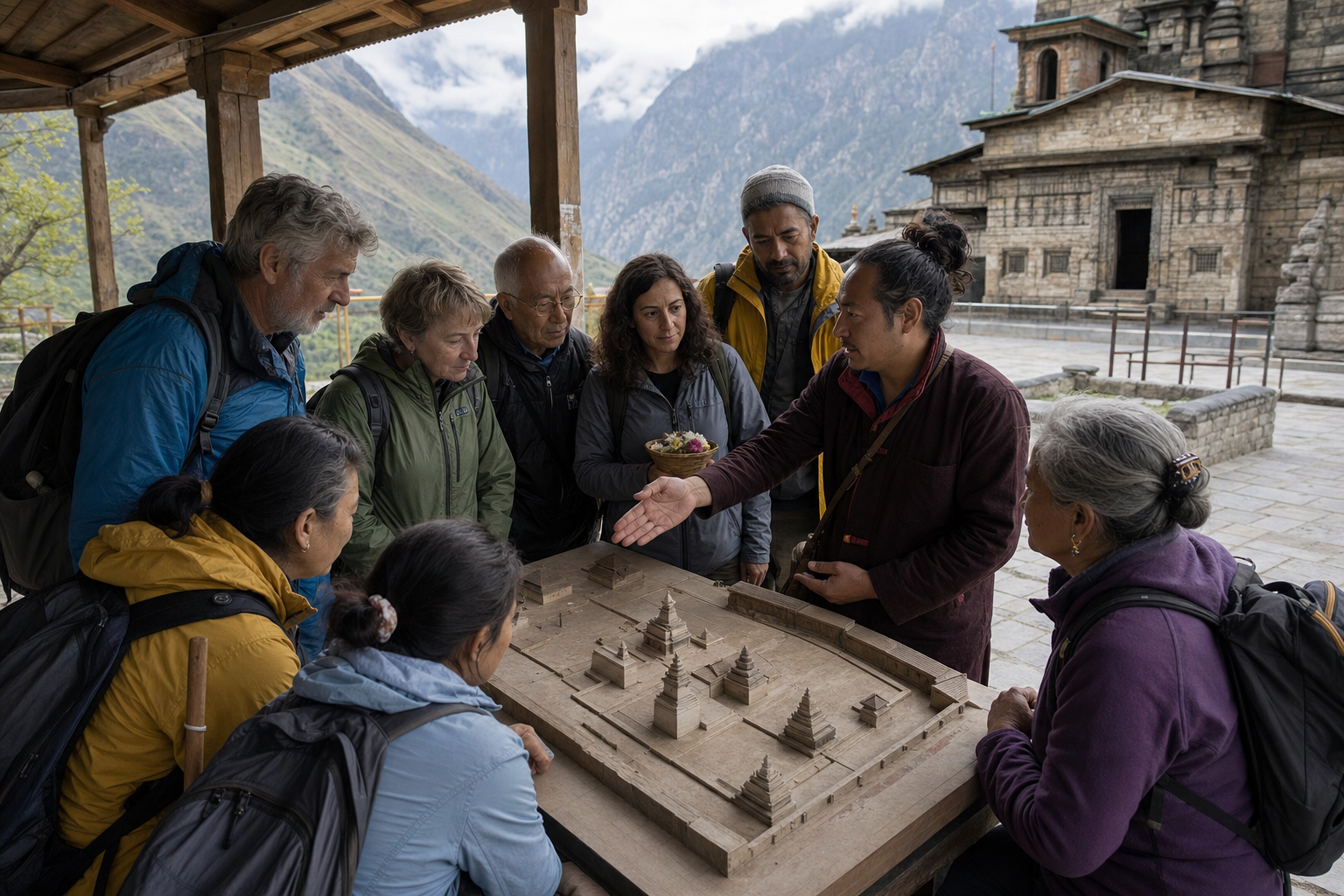 A diverse group of visitors listens to a temple volunteer while planning their route beside a Himalayan temple courtyard.
