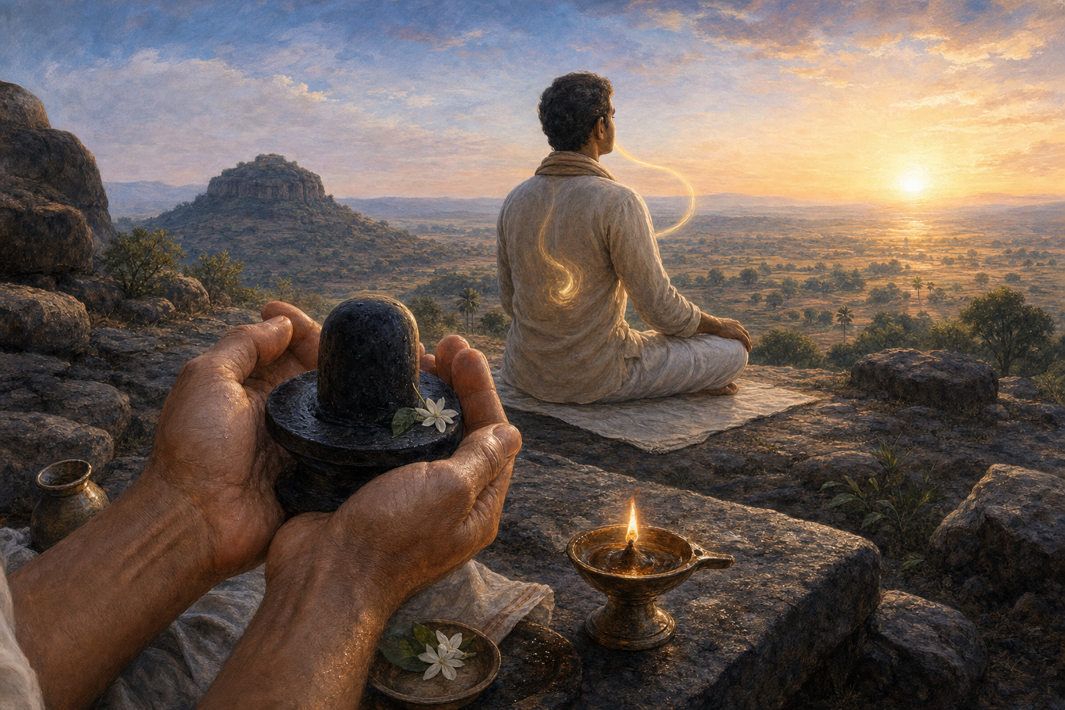 A continuous scene shows hands holding a small Ishta-linga, a devotee meditating with a faint current of light near the heart, and a radiant open landscape beyond.