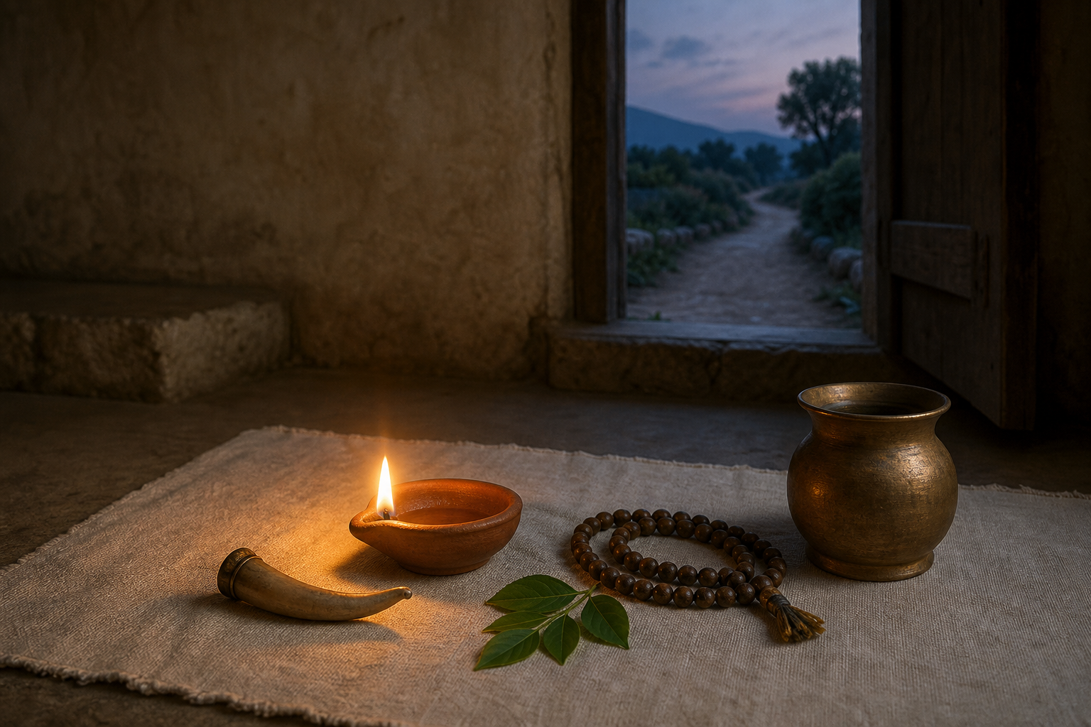 A horn-shaped motif lies beside a clay lamp, prayer beads, leaves, and a water vessel in a simple shrine space with an open doorway.