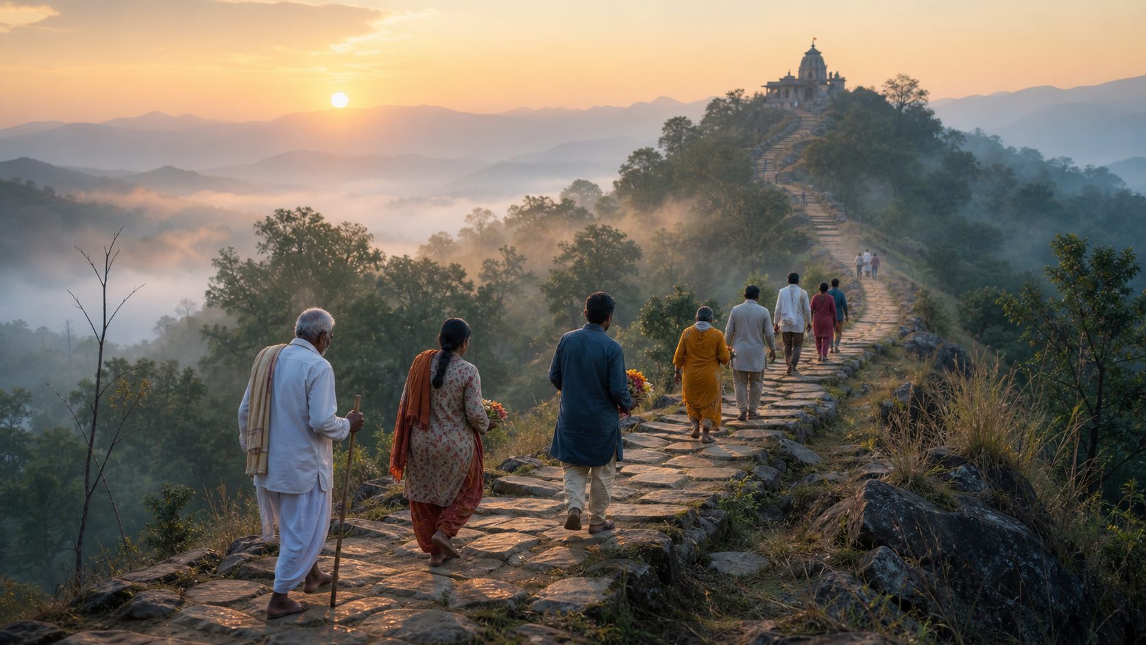 A multigenerational group of pilgrims climbs a stone path through a misty forest toward a small hilltop temple at sunrise.