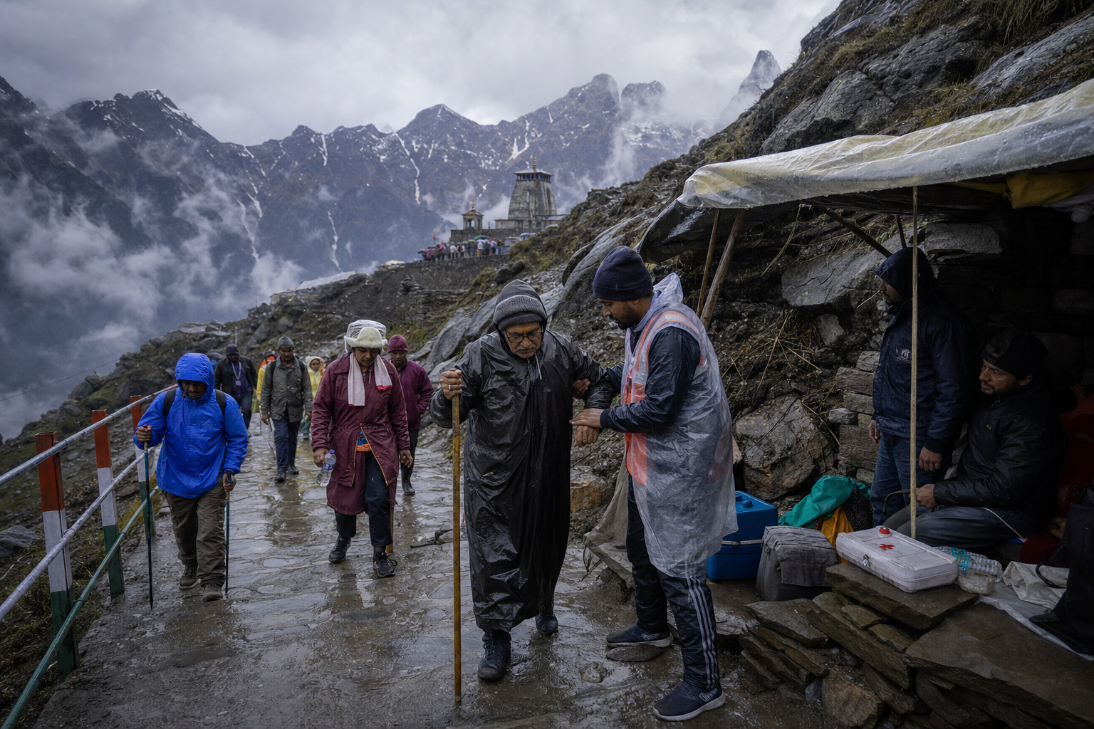 Pilgrims in rain gear use handrails and walking poles on a steep Himalayan route as staff assist an older traveler at a rest point.