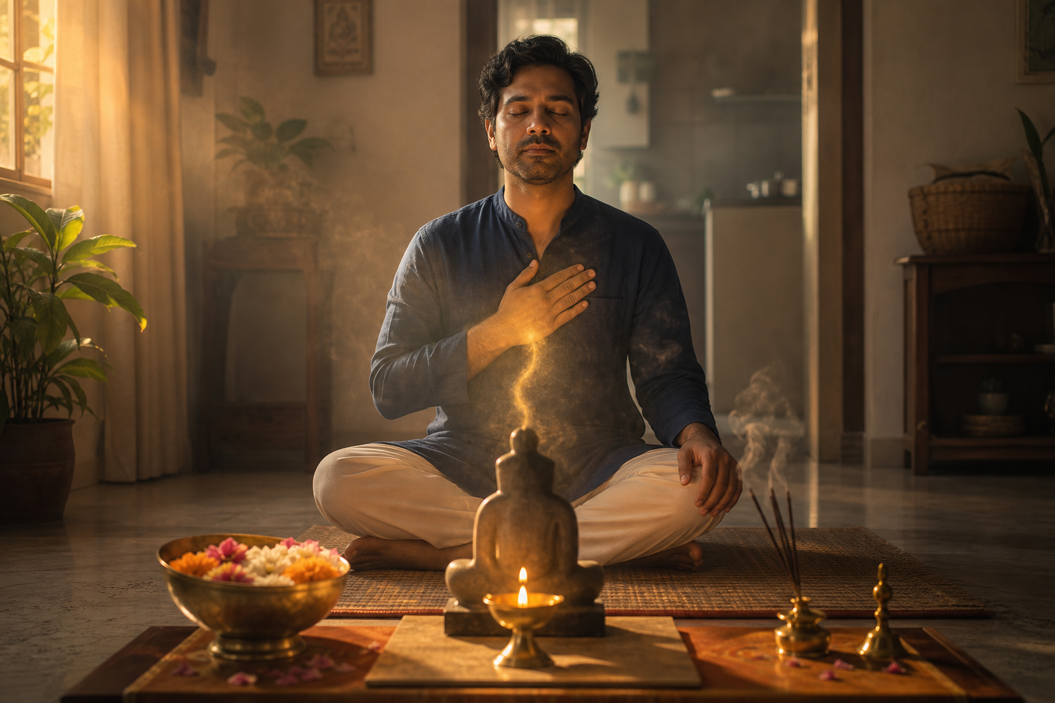 A devotee meditates before a home puja altar as the oil lamp casts a warm glow toward the devotee's heart.