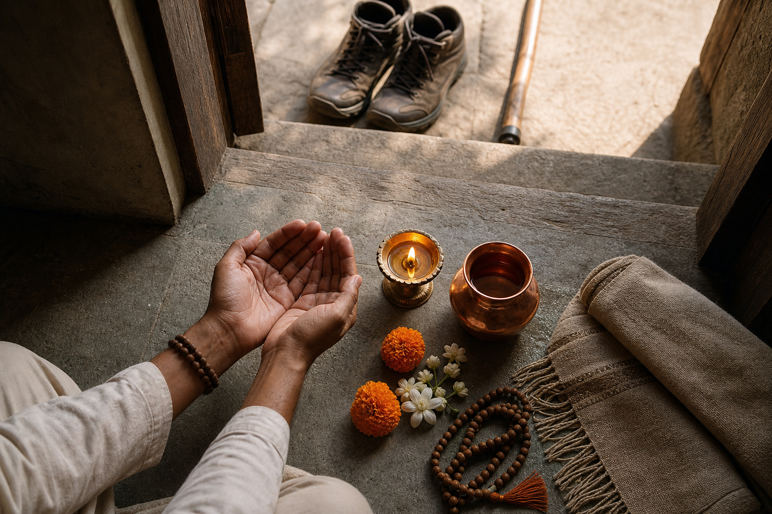 A pilgrim's hands rest beside a lit brass lamp, flowers, prayer beads, a water vessel, walking shoes, and a staff before departure.