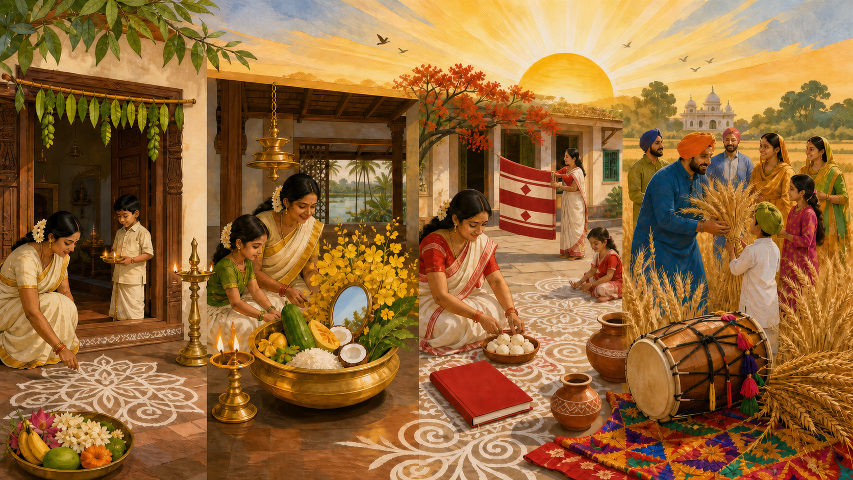 Editorial illustration of one sunrise connecting separate Puthandu, Vishu, Poila Baisakh, and Vaisakhi scenes with regional decorations, foods, lamps, flowers, and wheat.