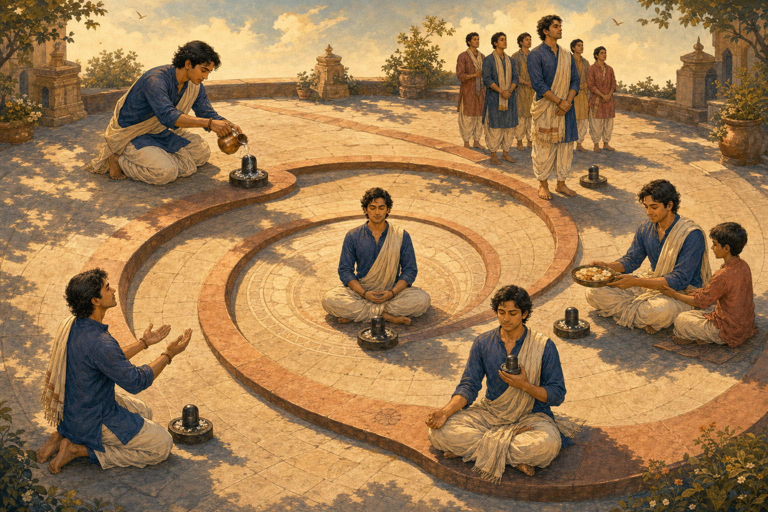 Six successive figures of one devotee form a spiral through worship, disciplined action, sharing food, breath meditation, surrender, and stillness around the same small linga.