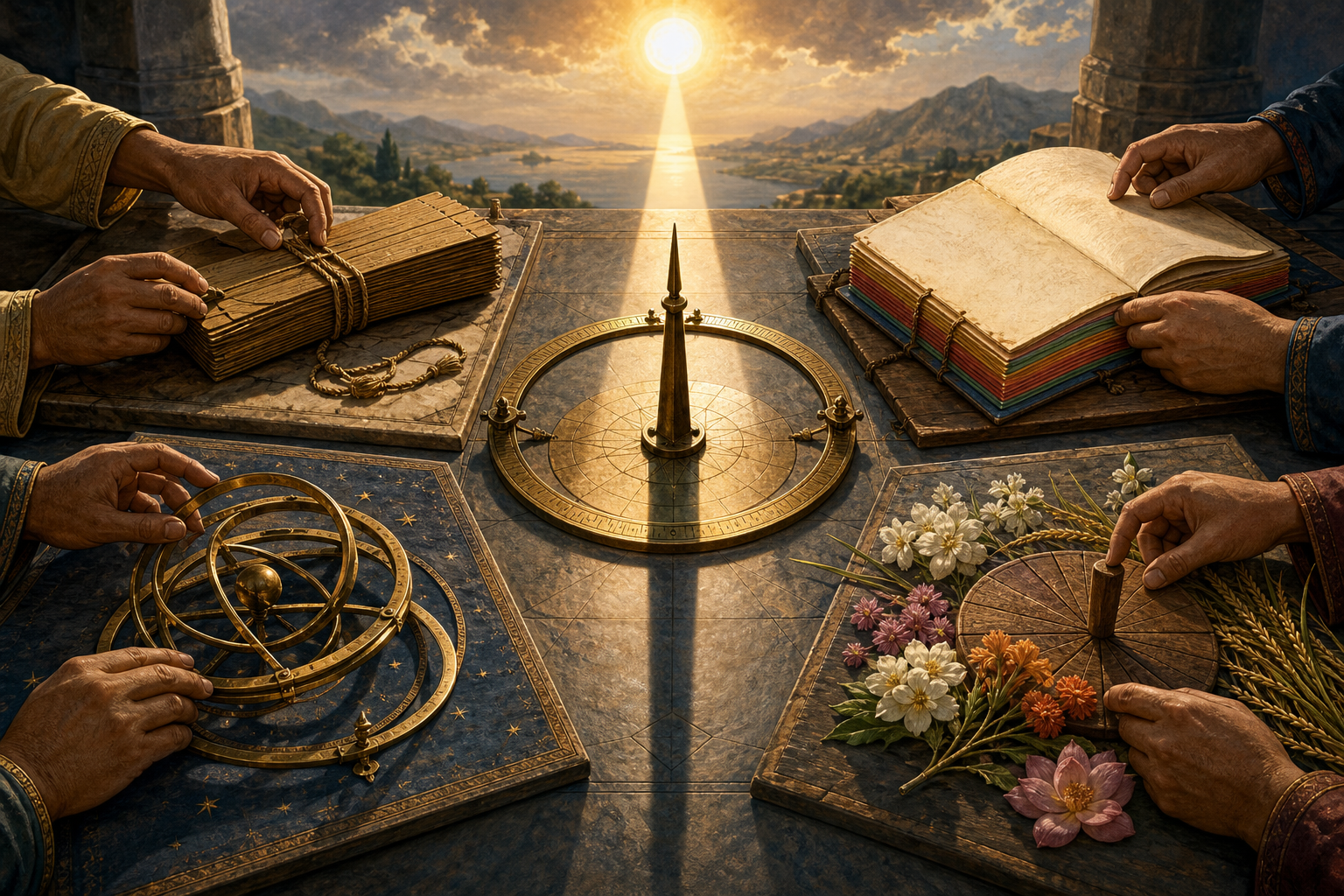Four observers compare different almanacs and astronomical instruments around a sunlit brass gnomon casting a sharp shadow.
