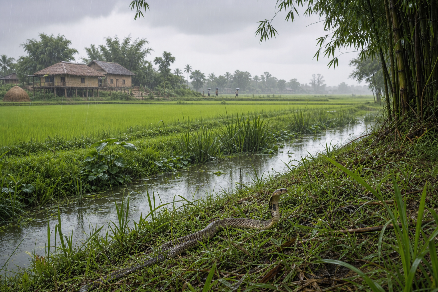 A cobra moves through wet grass near flooded rice fields and raised village homes during monsoon rain.