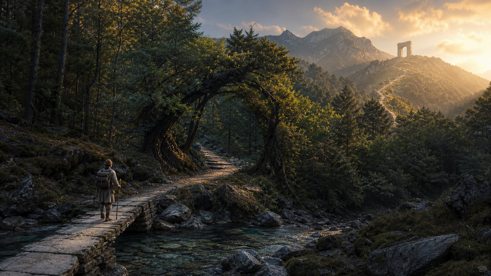 A pilgrim pauses at a stone footbridge on a mountain path that continues through a tree arch and toward a distant gateway.